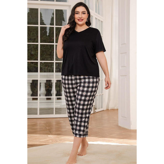 V-Neck Tee and Plaid Cropped Pants Lounge Set