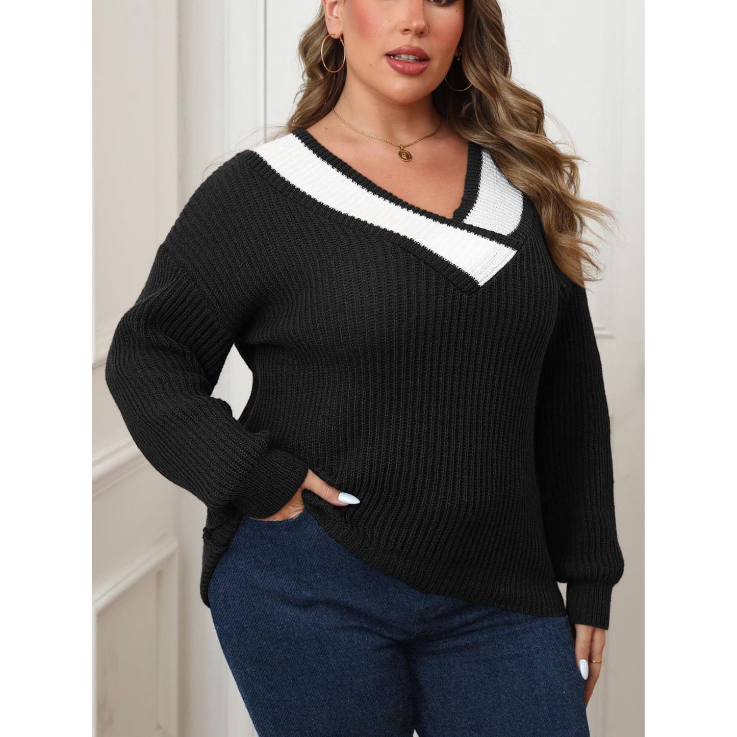 Contrast Shoulder Long Sleeve Sweater