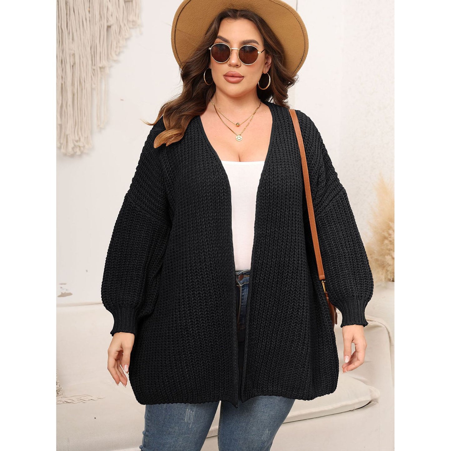 Open Front Dropped Shoulder Cardigan