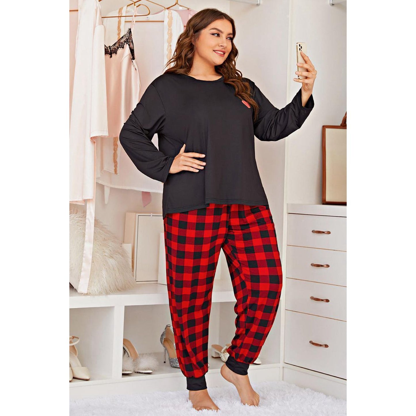 Heart Design & Plaid Joggers Set