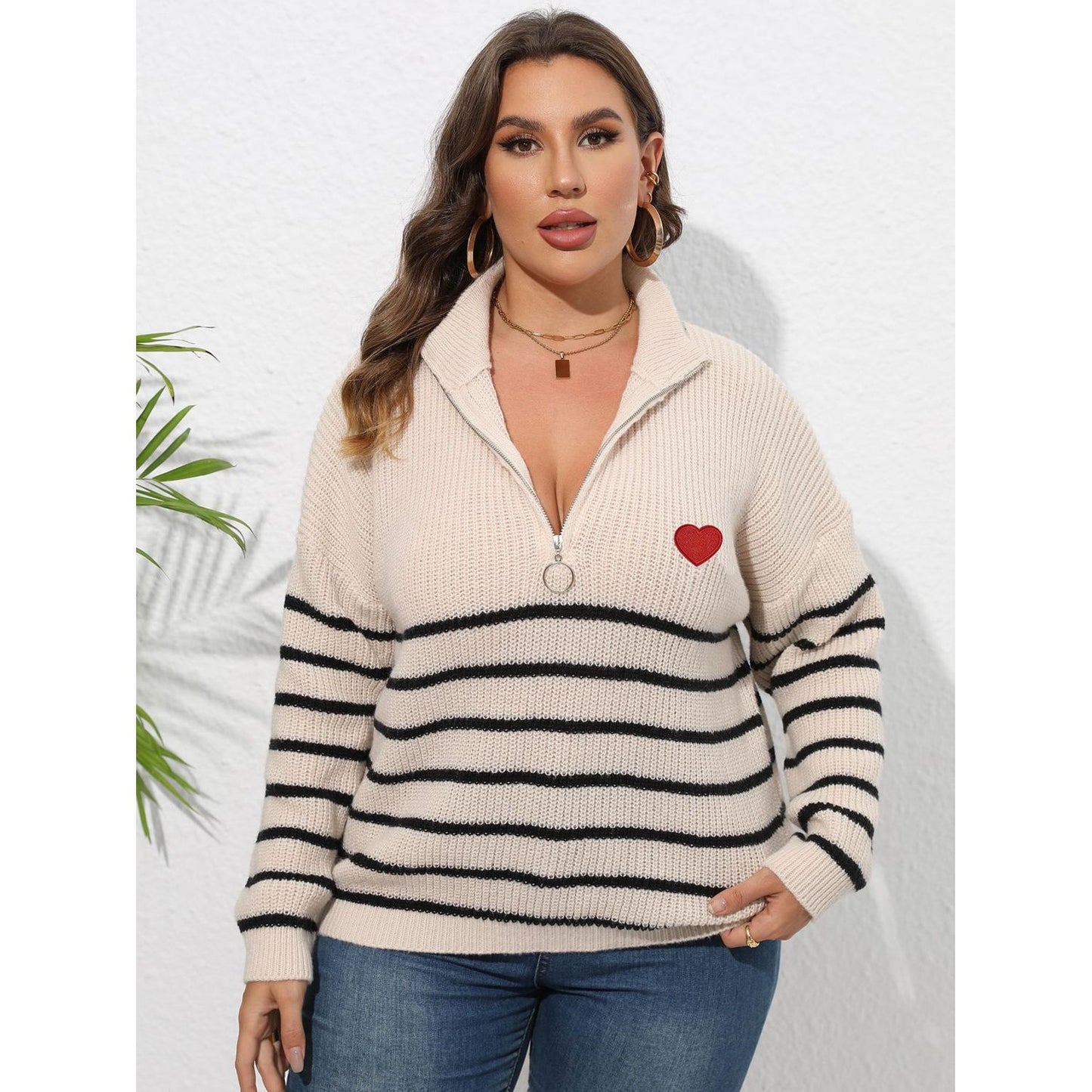 Zip-Up Striped Heart Sweater