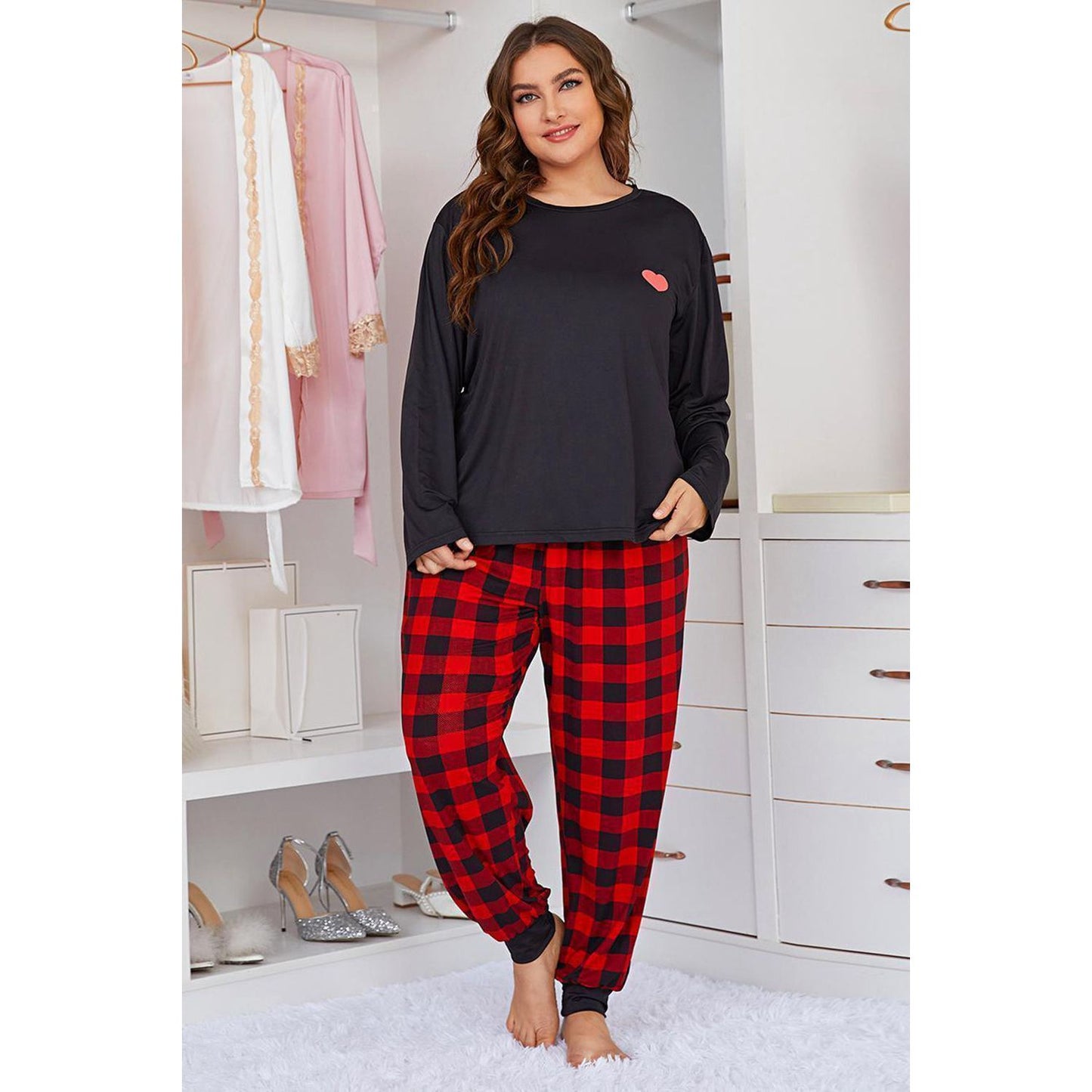 Heart Design & Plaid Joggers Set