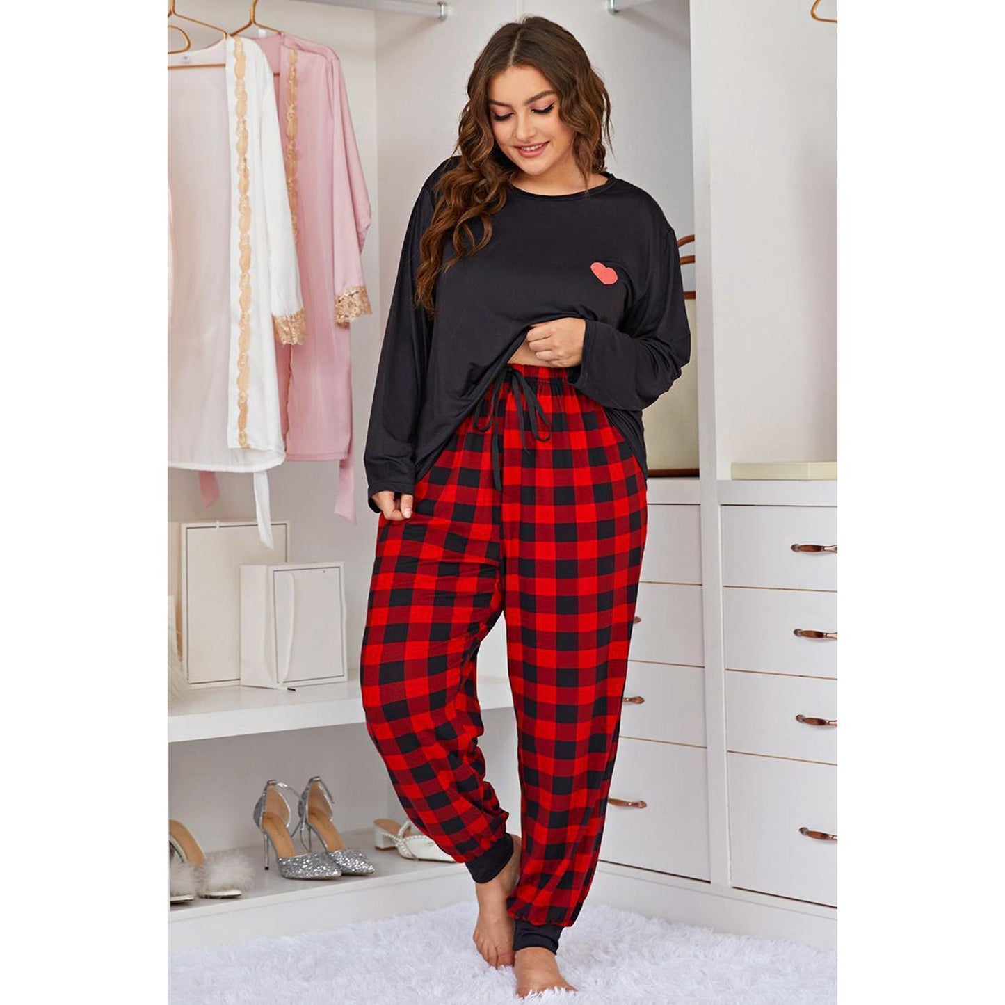 Heart Design & Plaid Joggers Set