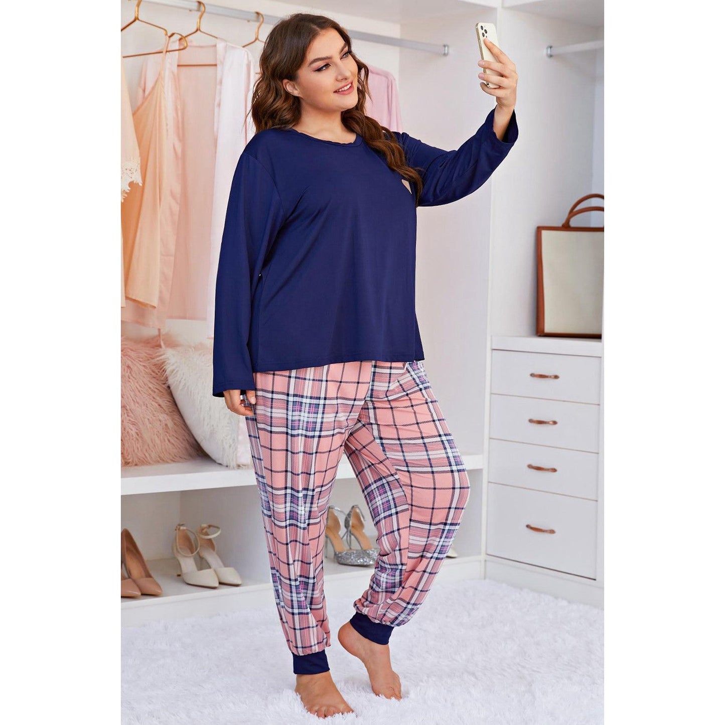 Heart Design & Plaid Joggers Set