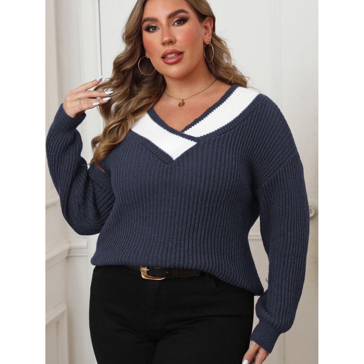 Contrast Shoulder Long Sleeve Sweater