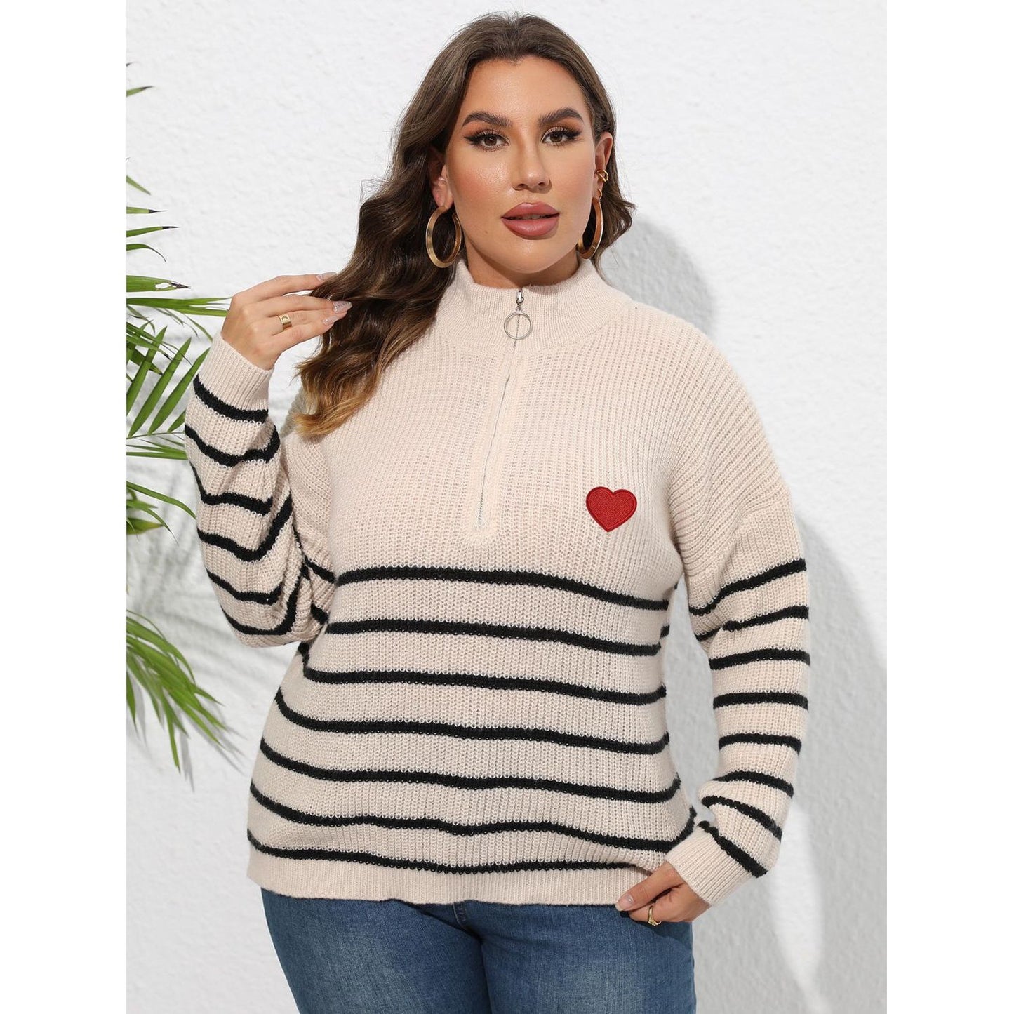 Zip-Up Striped Heart Sweater