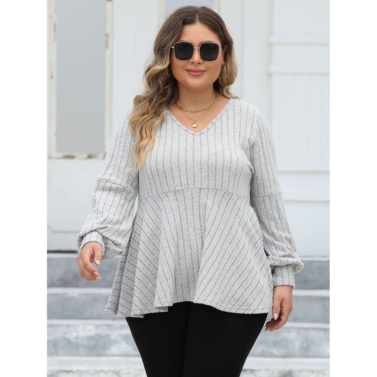 Ribbed V-Neck Blouse