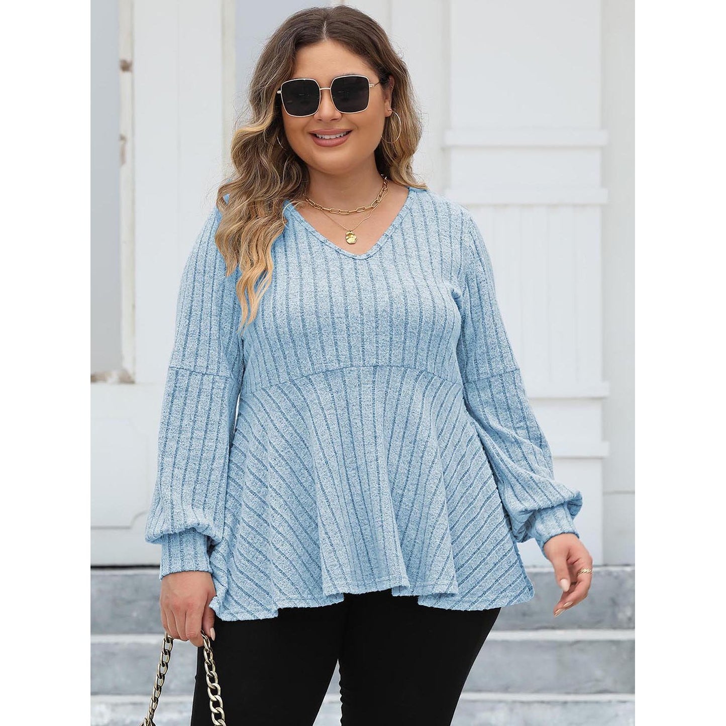 Ribbed V-Neck Blouse