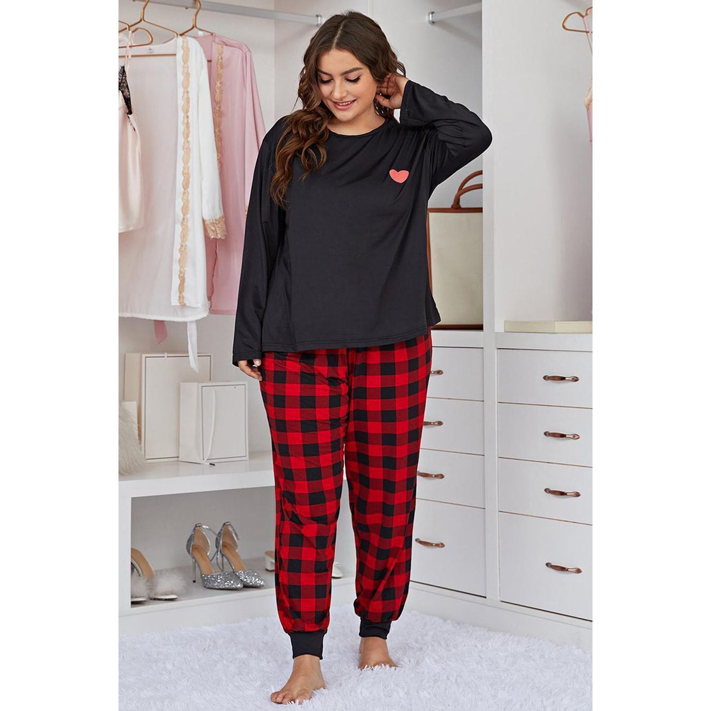 Heart Design & Plaid Joggers Set