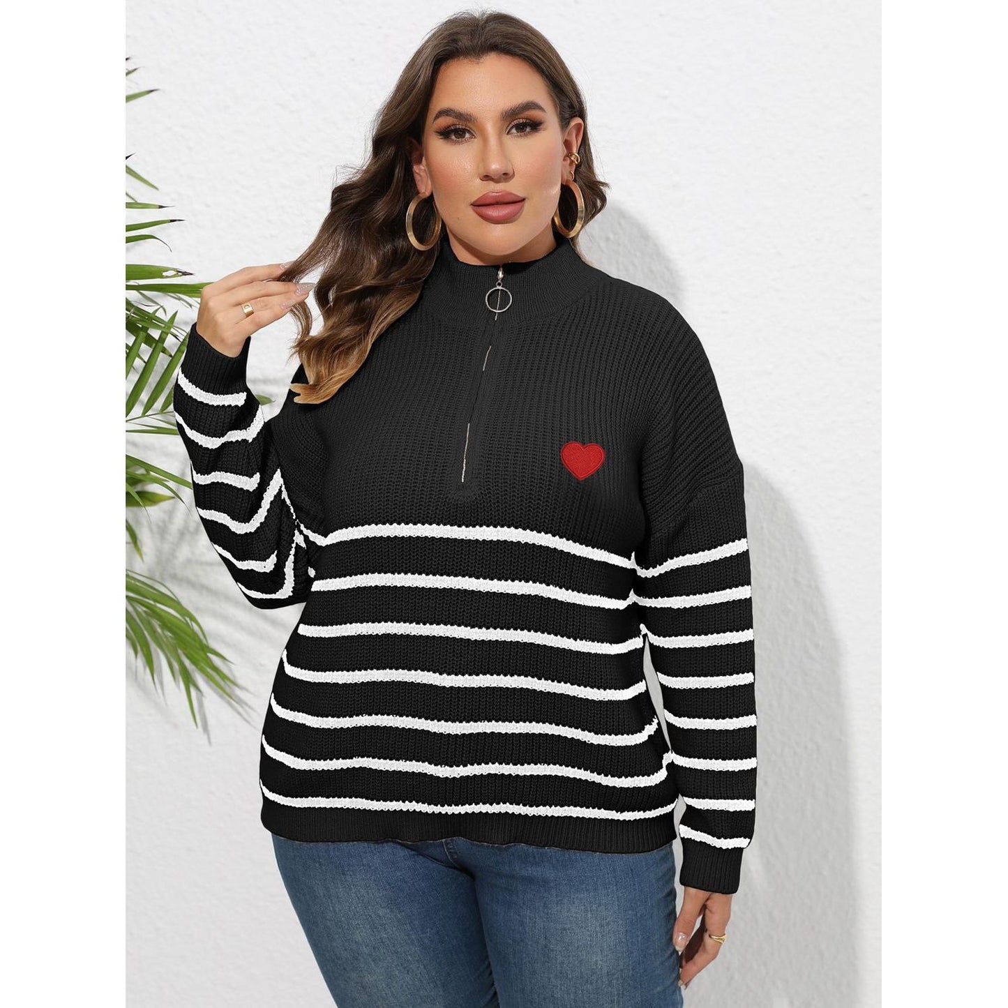 Zip-Up Striped Heart Sweater