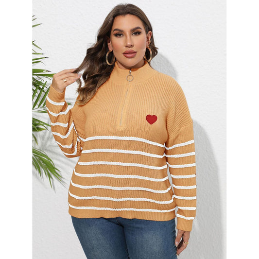 Zip-Up Striped Heart Sweater