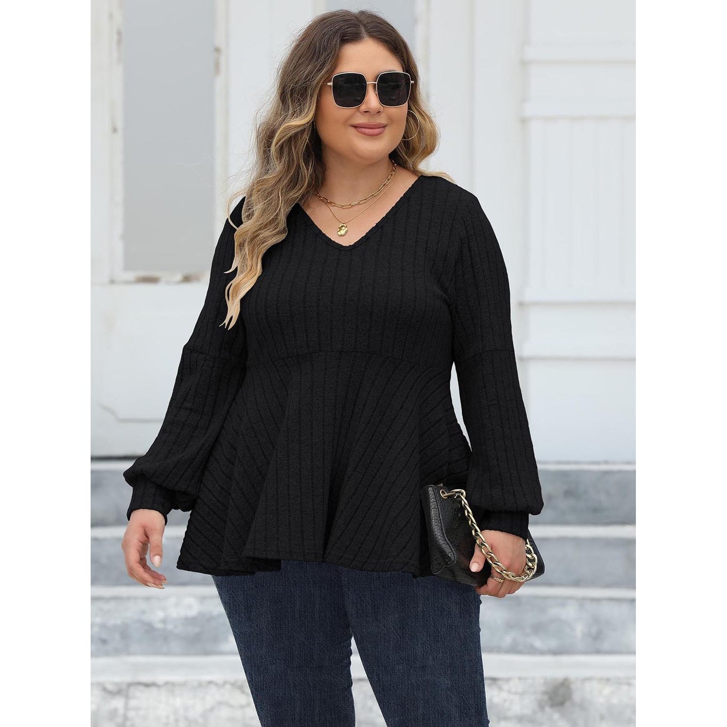 Ribbed V-Neck Blouse