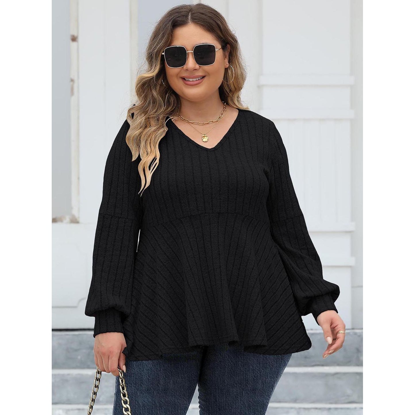 Ribbed V-Neck Blouse