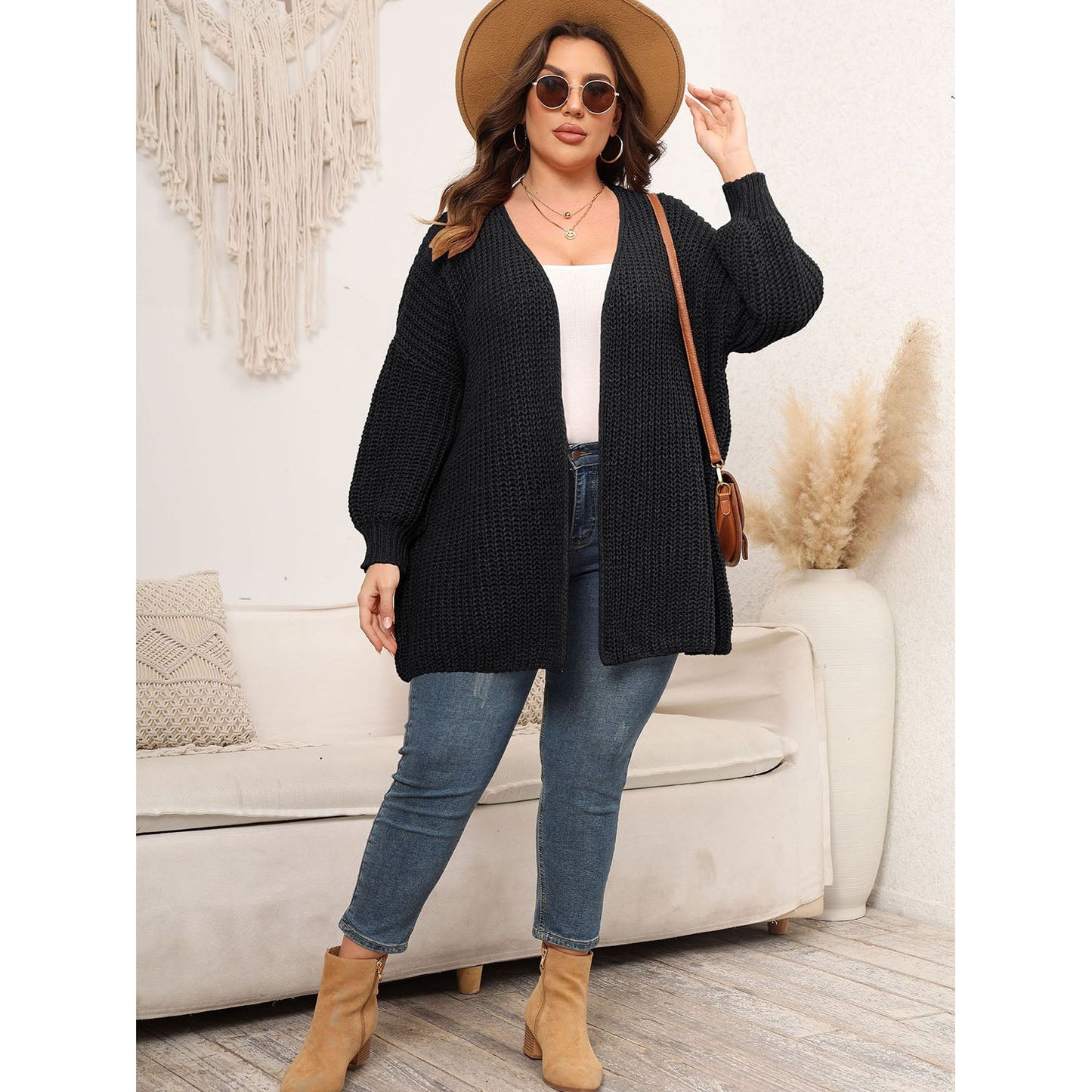 Open Front Dropped Shoulder Cardigan