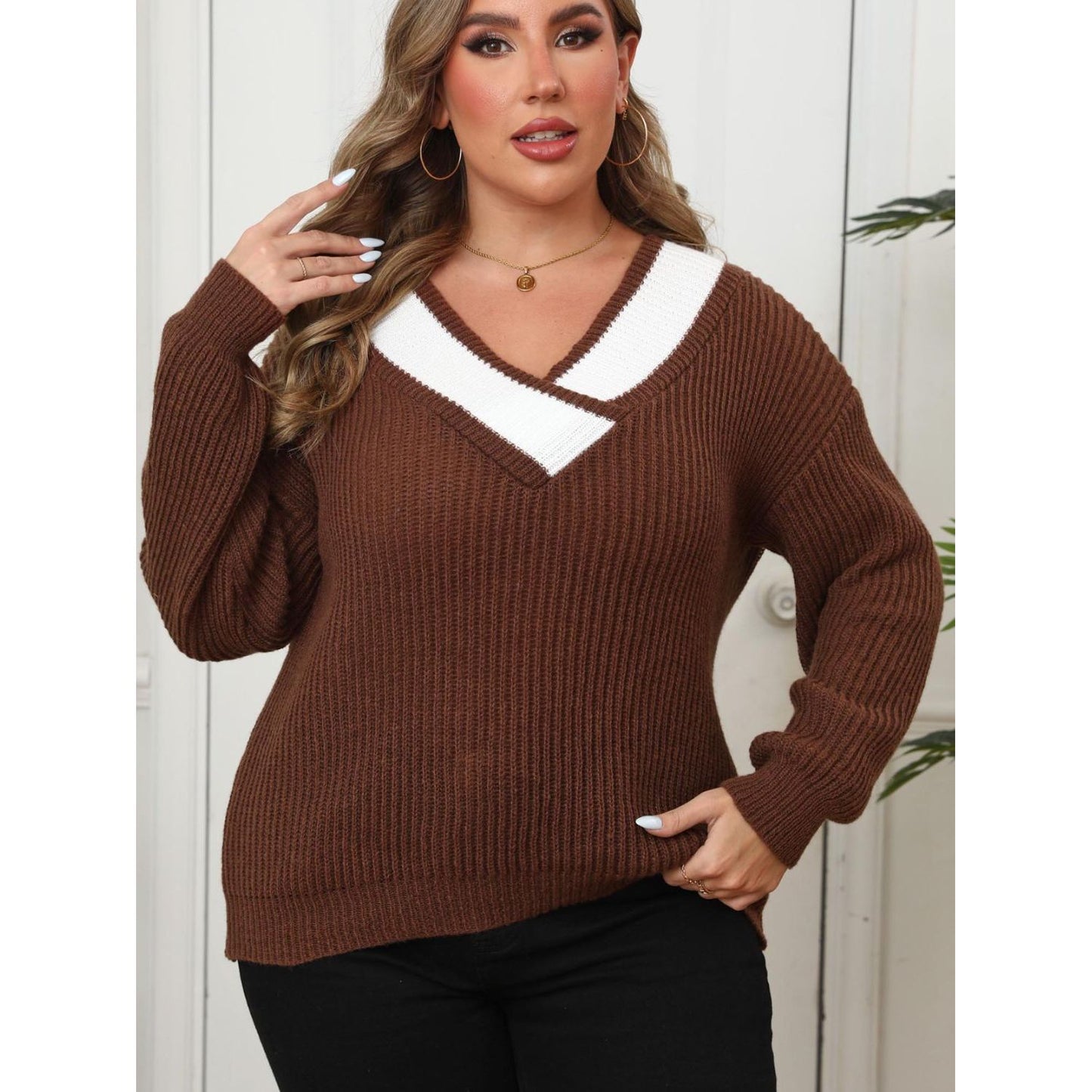 Contrast Shoulder Long Sleeve Sweater