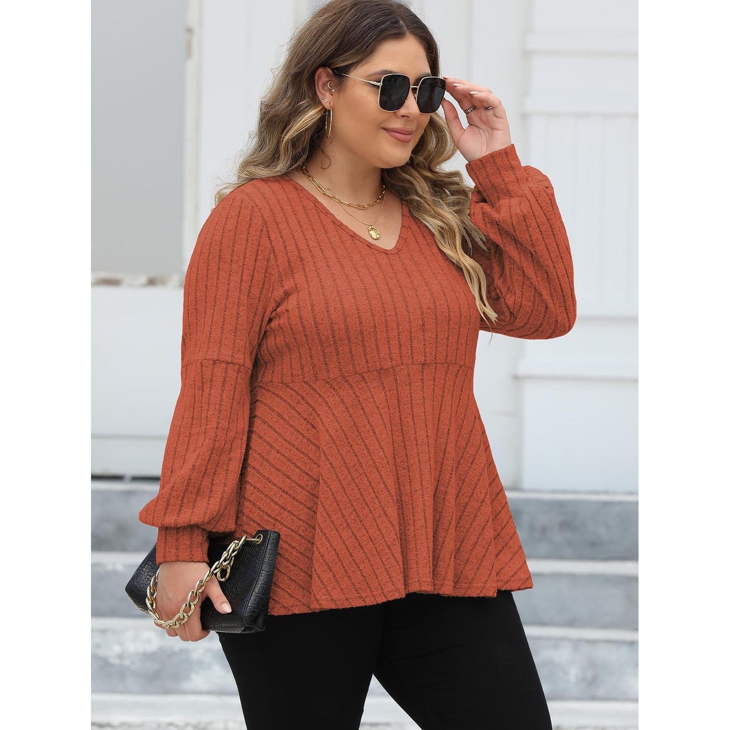 Ribbed V-Neck Blouse