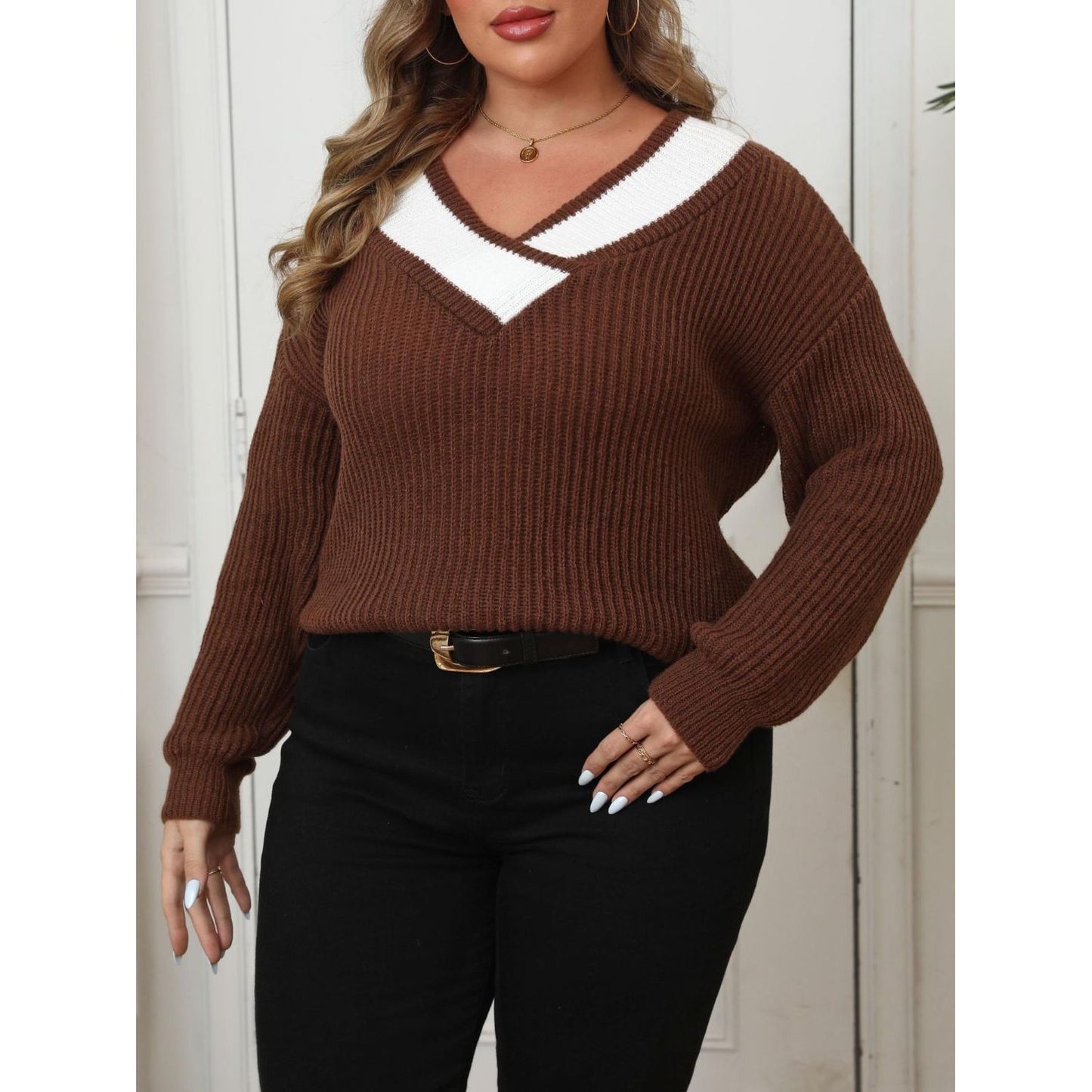 Contrast Shoulder Long Sleeve Sweater