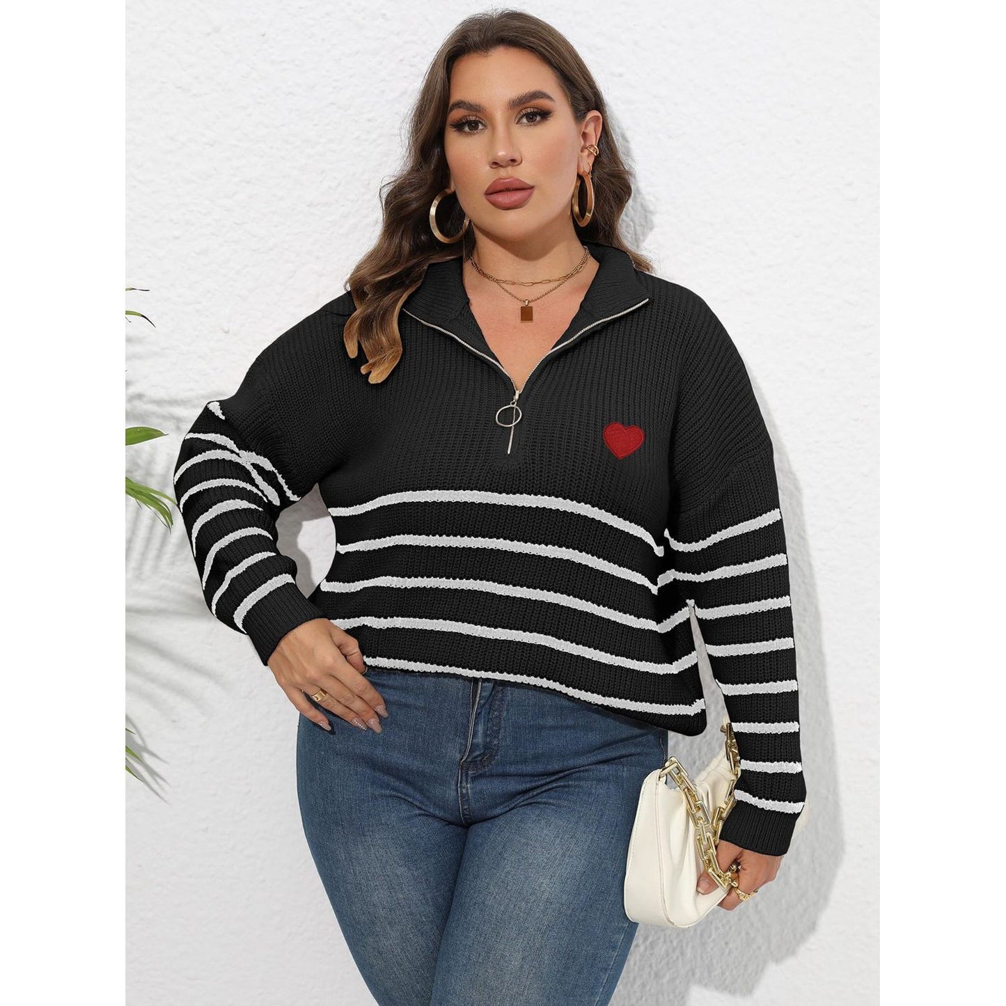 Zip-Up Striped Heart Sweater