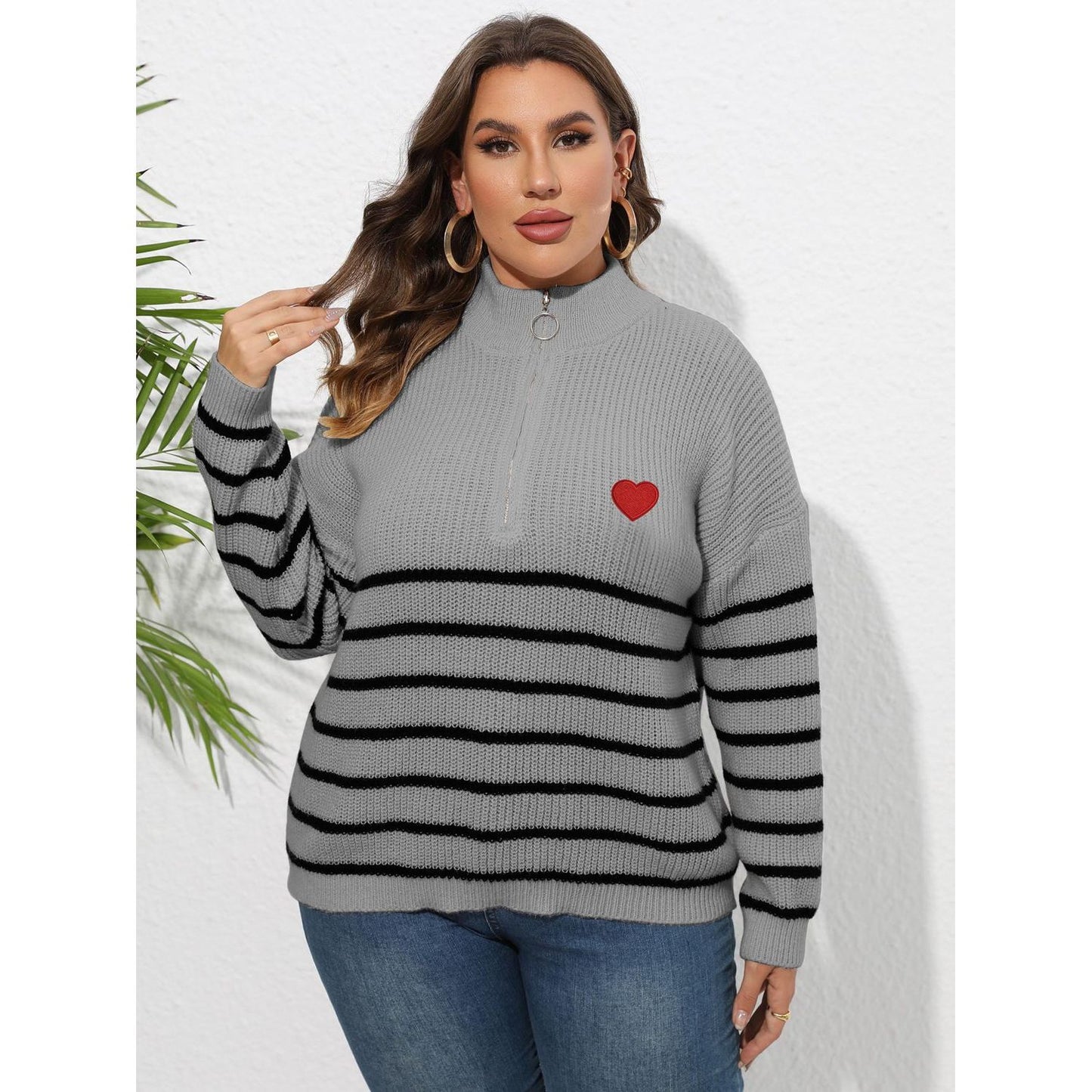 Zip-Up Striped Heart Sweater