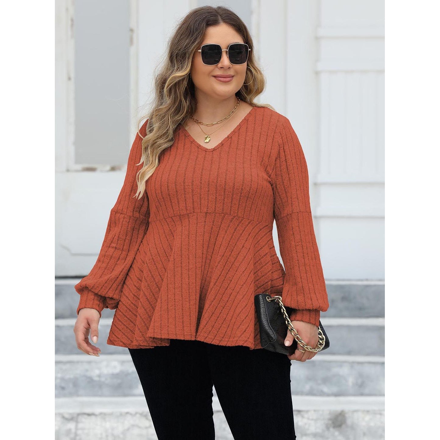 Ribbed V-Neck Blouse