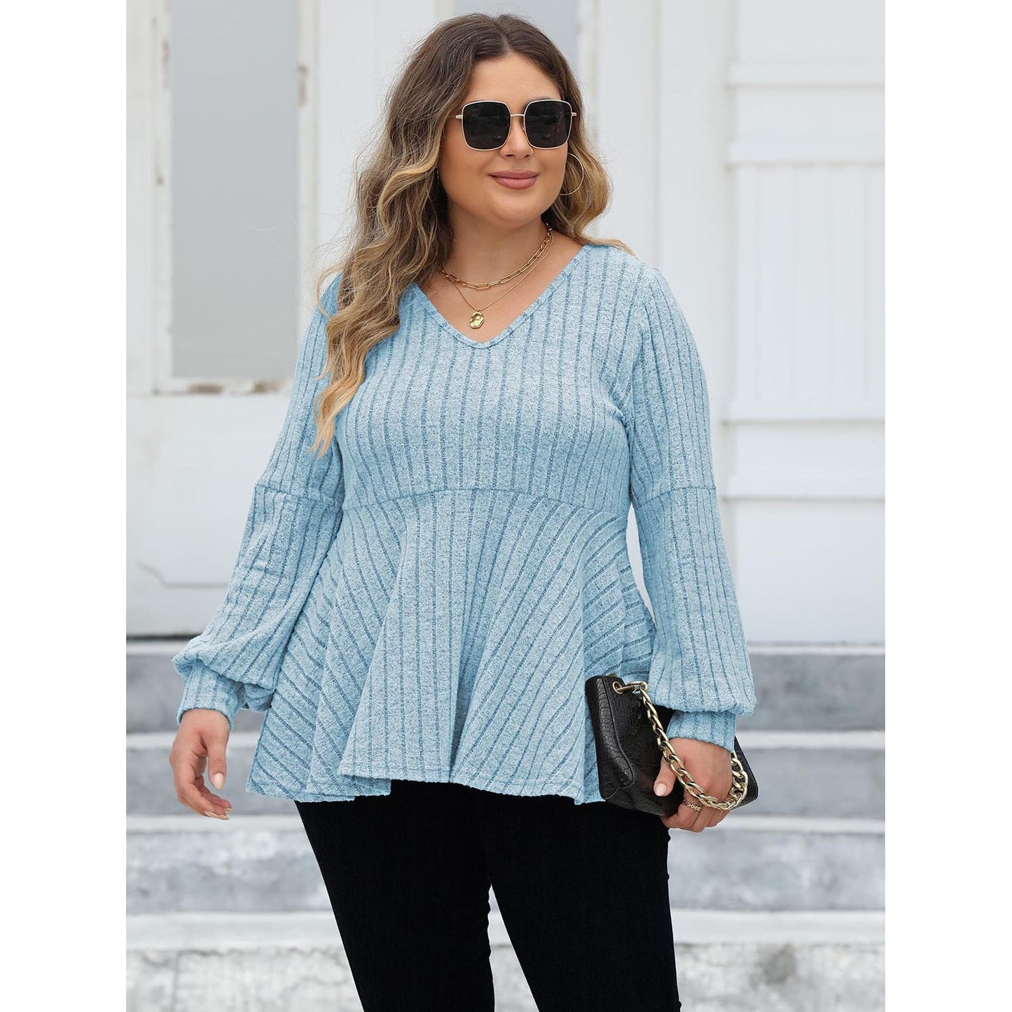 Ribbed V-Neck Blouse