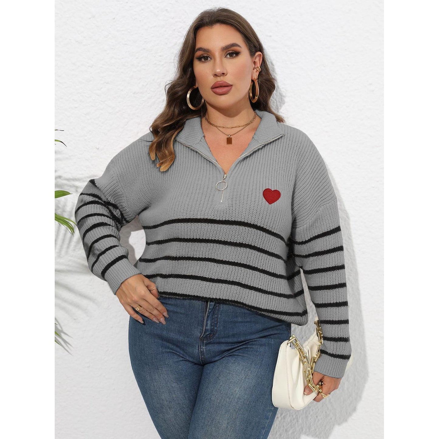 Zip-Up Striped Heart Sweater